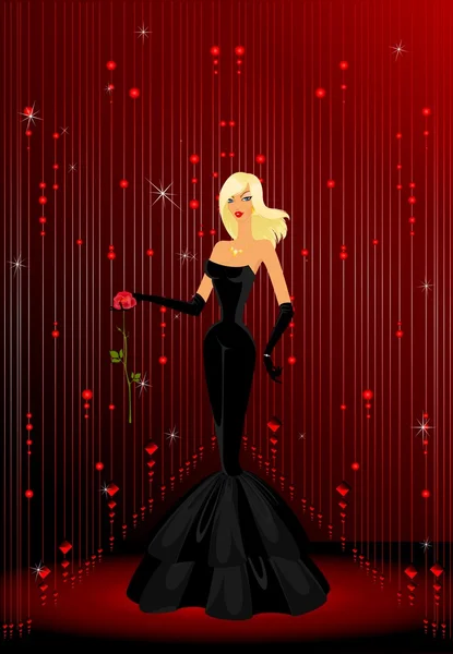 Hermosa mujer en un vestido de noche con una rosa en las manos — Vector de stock