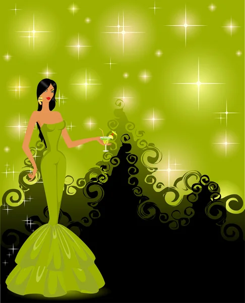 Belle femme dans une robe de soirée avec un cocktail dans les mains — Image vectorielle