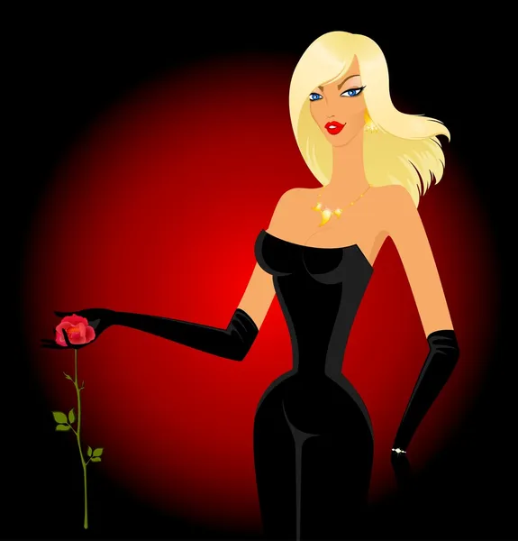 Bella donna in abito da sera con una rosa in mano — Vettoriale Stock