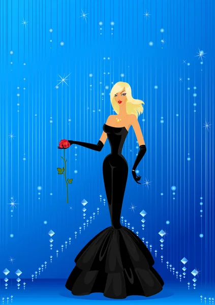 Belle femme dans une robe de soirée avec une rose dans les mains — Image vectorielle