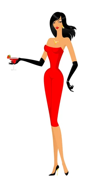 美丽的女人用手中的一杯鸡尾酒晚礼服 — 图库矢量图片