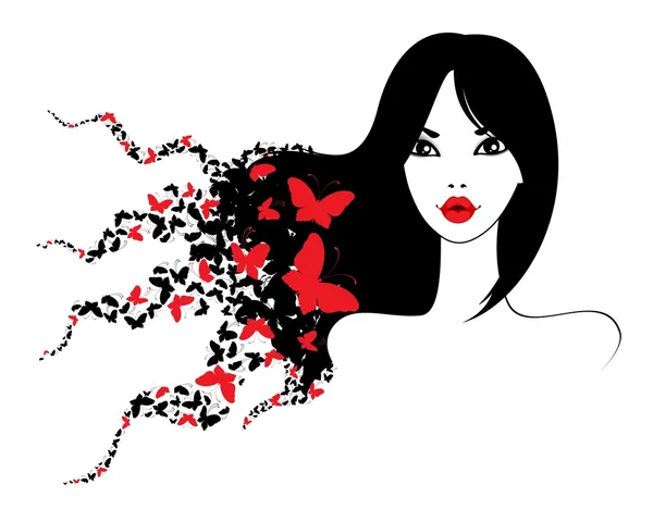 Mooi meisje met vlinders in haren. prachtige vector illustrati — Stockvector