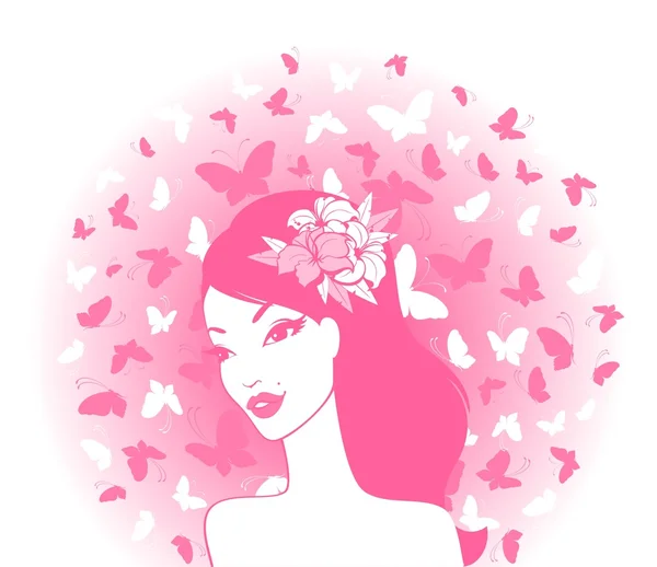 Portrait of beautiful young girl with butterflies — Stock Vector