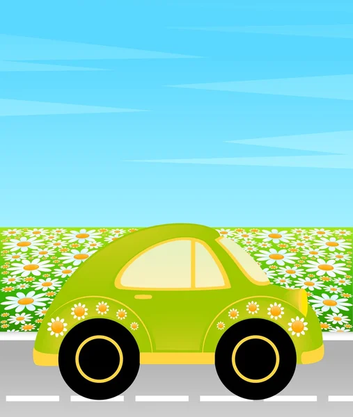 Vector cartoon car on a background summer landscape — Stock Vector