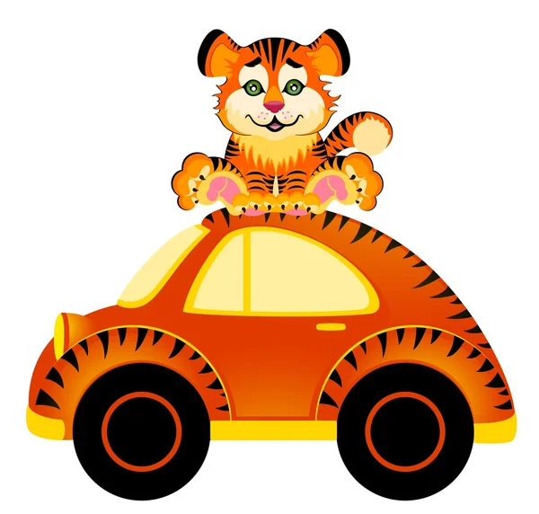 Desenhos animados carro e tigre no fundo branco — Vetor de Stock