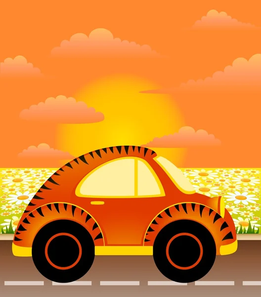 Векторный мультфильм автомобиль на фоне летнего пейзажа — стоковый вектор