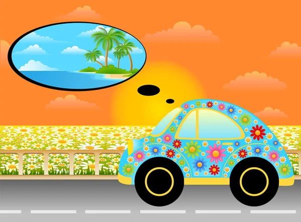 Vector coche de dibujos animados en un paisaje de verano de fondo — Vector de stock