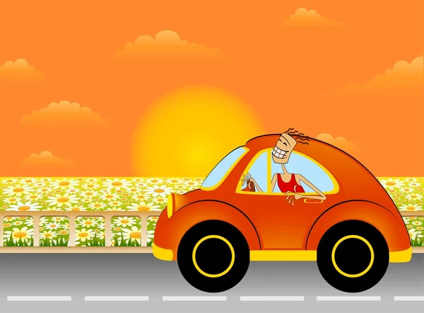 Cartoon voiture sur un fond paysage d'été — Image vectorielle