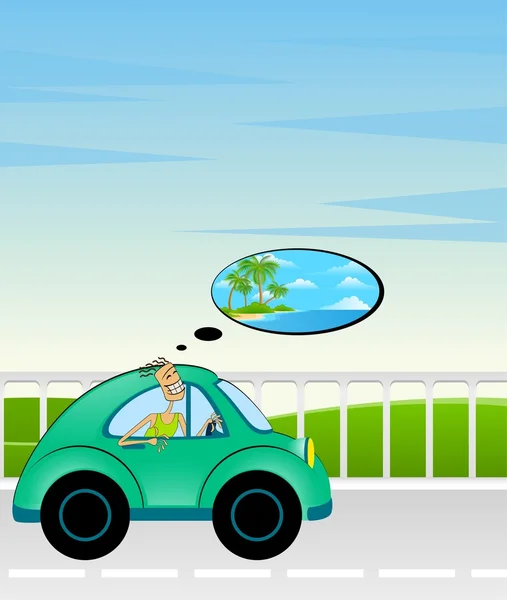 Cartoon car on a background summer landscape — Stock Vector