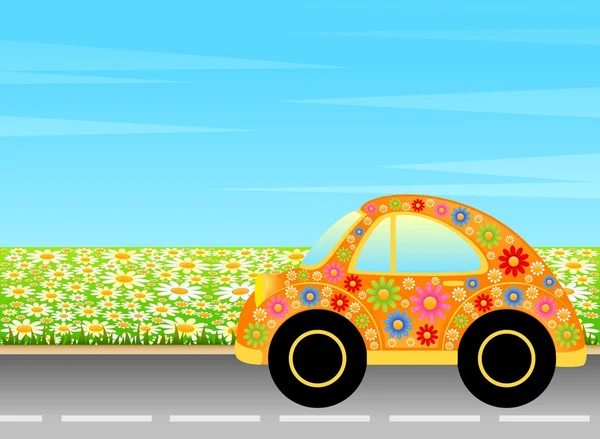 Векторный мультфильм автомобиль на фоне летнего пейзажа — стоковый вектор