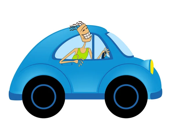 Vector de dibujos animados hombre feliz en el coche sobre fondo blanco — Vector de stock