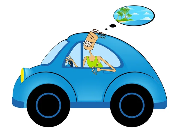 Vektor-Cartoon glücklicher Mann auf Auto auf weißem Hintergrund — Stockvektor