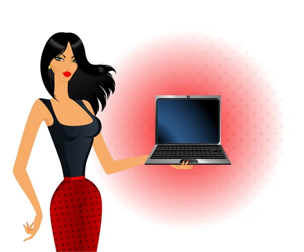 Vacker kvinna, visar en palm laptop — Stock vektor