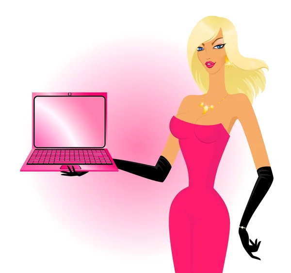 Mulher bonita, mostrando um laptop palma —  Vetores de Stock