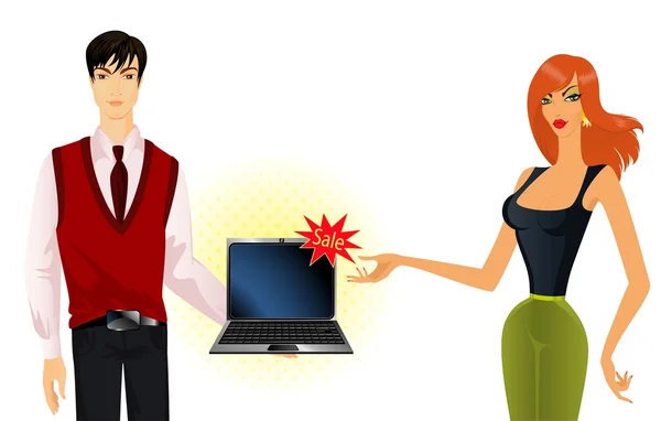 Homem e mulher bonita anunciar laptop — Vetor de Stock