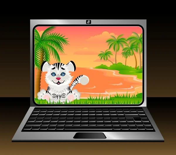 Icône ordinateur portable avec tigre sur un fond blanc — Image vectorielle