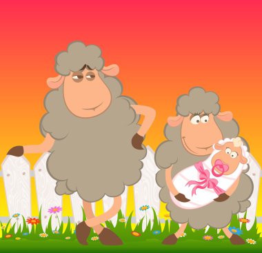 Vector Cartoon smiling sheep with scribble baby carriage clipart