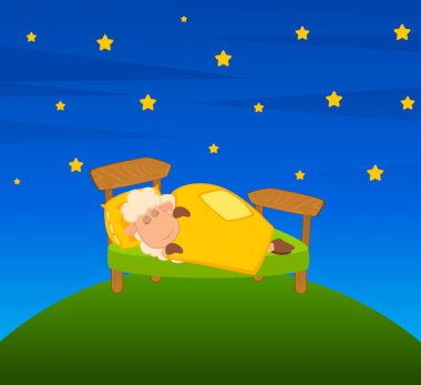 Illustration of cartoon sheep sleeps under a blanket in a bed clipart