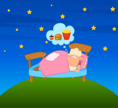 Illustration of cartoon sheep in bed dreaming about t a meal clipart