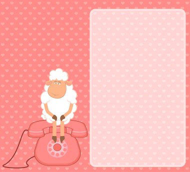 Illustration of cartoon sheep sits on telephone, waits a bell clipart