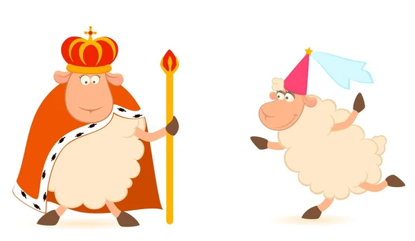 Vector rey de las ovejas en una corona con una princesa sobre un fondo blanco — Vector de stock