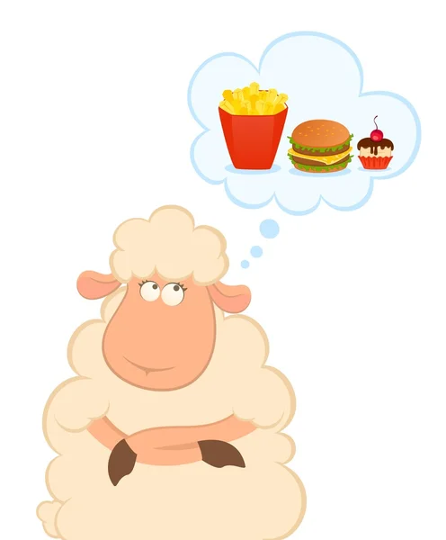 Ilustração vetorial de ovelhas desenhos animados pensa sobre comida — Vetor de Stock