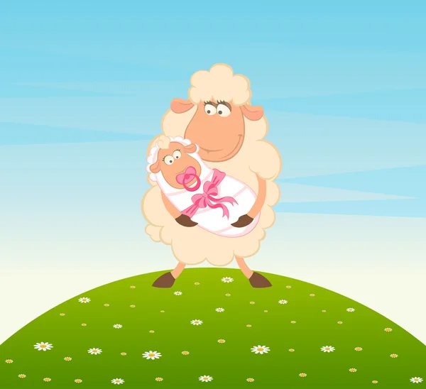 Γελοιογραφία χαμογελαστό πρόβατα μητέρα με βρέφος μωρό — Διανυσματικό Αρχείο