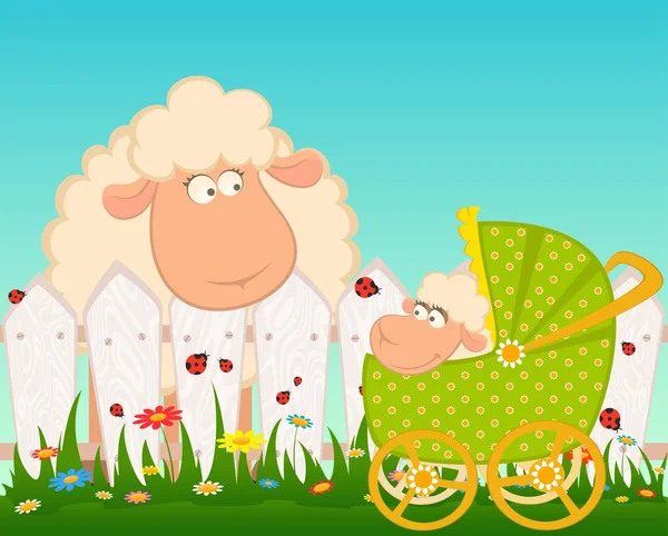 Vector cartoon lachende schapen met Krabbel kinderwagen — Stockvector