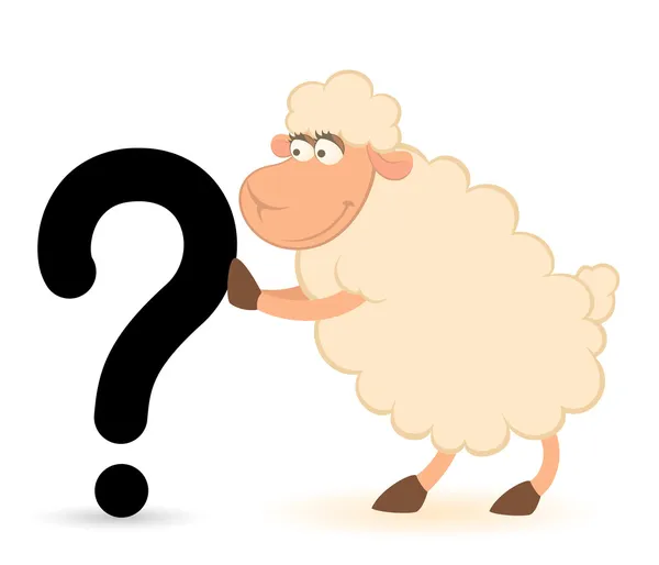 Cartoon-Schaf setzt Fragezeichen auf weißem Hintergrund — Stockvektor