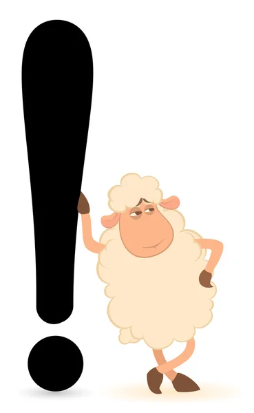Cartoon-Schaf setzt Ausrufezeichen auf weißem Hintergrund — Stockvektor