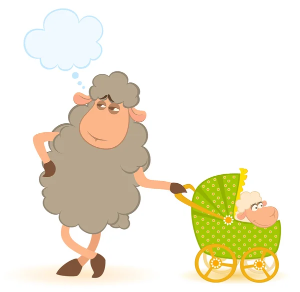 Vector Dibujos animados ovejas sonrientes con garabato bebé carro — Archivo Imágenes Vectoriales