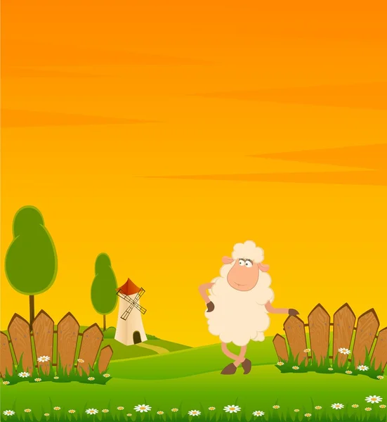 羊の笑みを浮かべて漫画と風景の背景 — ストックベクタ