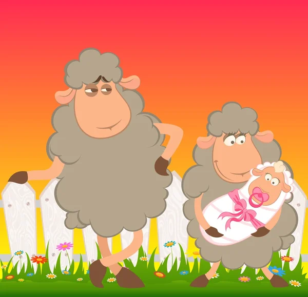 Vettore Cartoon pecore sorridenti con scarabocchiare carrozzina — Vettoriale Stock