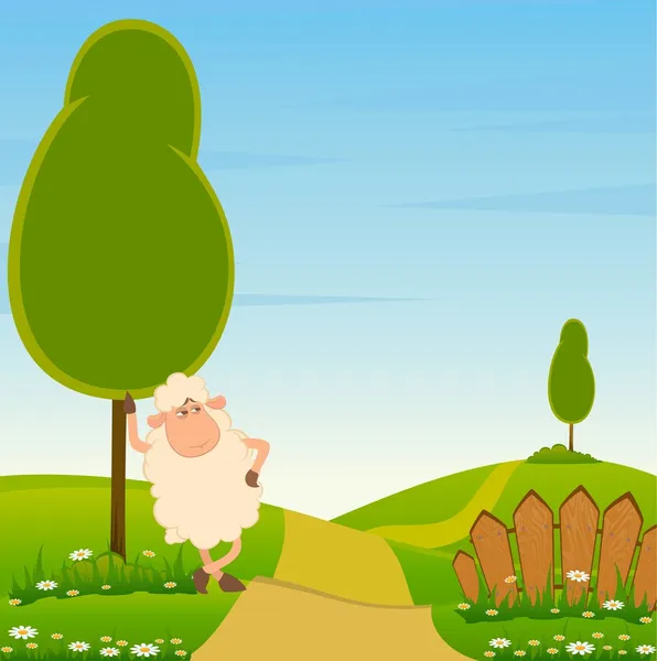羊の笑みを浮かべて漫画と風景の背景 — ストックベクタ