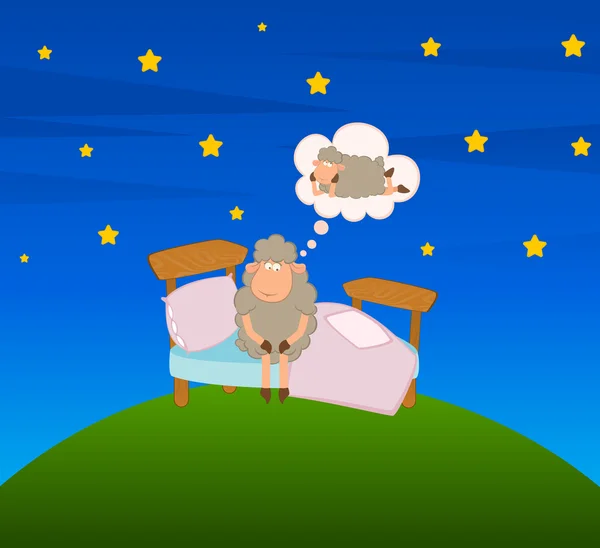 Vektorové ilustrace kreslené ovcí v posteli — Stockový vektor