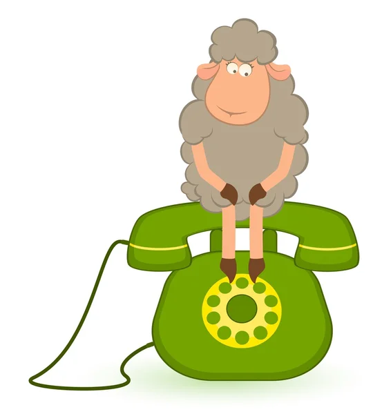 Ilustración de ovejas de dibujos animados se sienta en el teléfono, espera una campana — Vector de stock