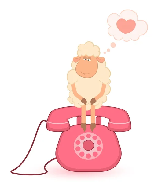Vector illustration of cartoon sheep with telephone, waits a bell — Stock Vector