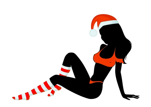 Silhouette of beautiful girl is in socks and cap of Santa Claus. — Stock Vector