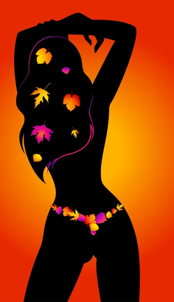 Silhouet van meisje in de herfst bladeren. vector. — Stockvector