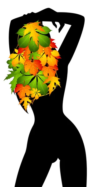 Silhouette di ragazza in foglie autunnali. Vettore . — Vettoriale Stock