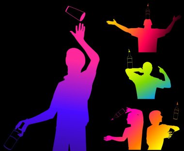 Vector silhouette of barmans showing tricks with a bottle clipart