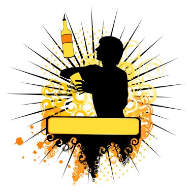 Vector silhouette of barman showing tricks with a bottle clipart