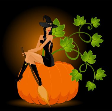 Beautiful sexual witch sits on a pumpkin clipart