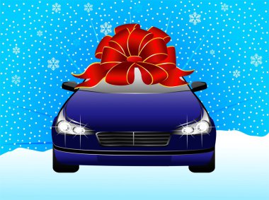 Beautiful sporting car on a winter snow background for Christmas clipart