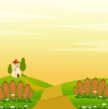 Country Landscape with Trees, Road and Fence clipart