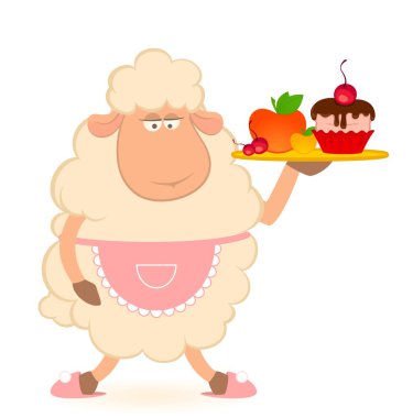 Vector illustration of cartoon sheep - waiter brings a food clipart