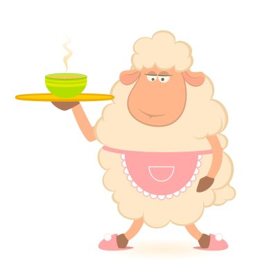 Illustration of cartoon sheep - house-owner brings a delicious soup clipart