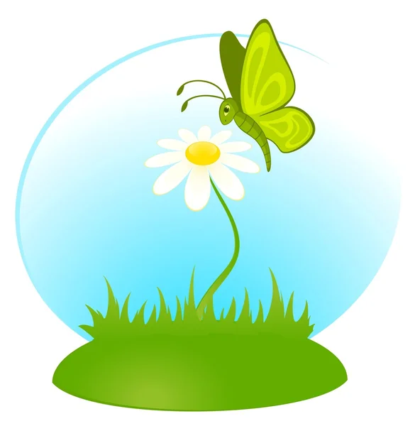 Vettoriale sfondo cartone animato con camomilla e farfalla — Vettoriale Stock