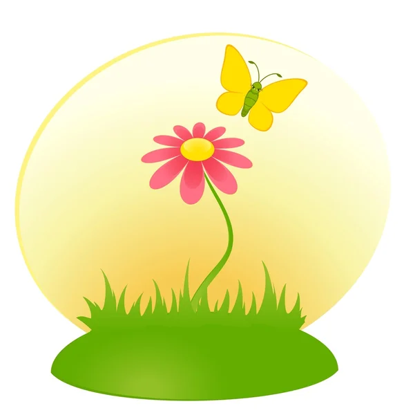Vector cartoon background with camomile and butterfly — Stock Vector