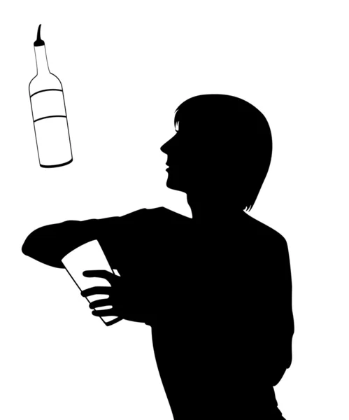 Silhouette eines Barmanns, der Tricks mit einer Flasche zeigt — Stockvektor